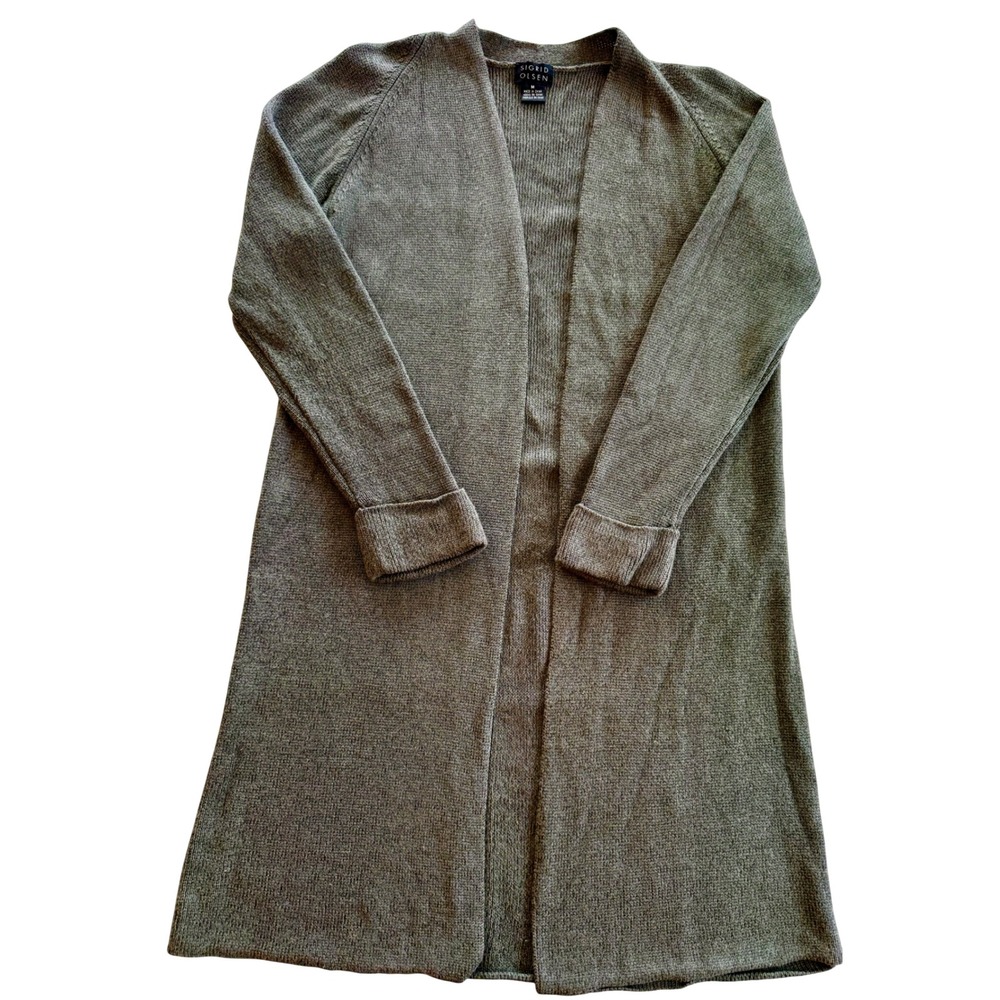 Sigrid Olsen Cardigan Womens Medium Olive Green Good Longline Ribbed Open Front